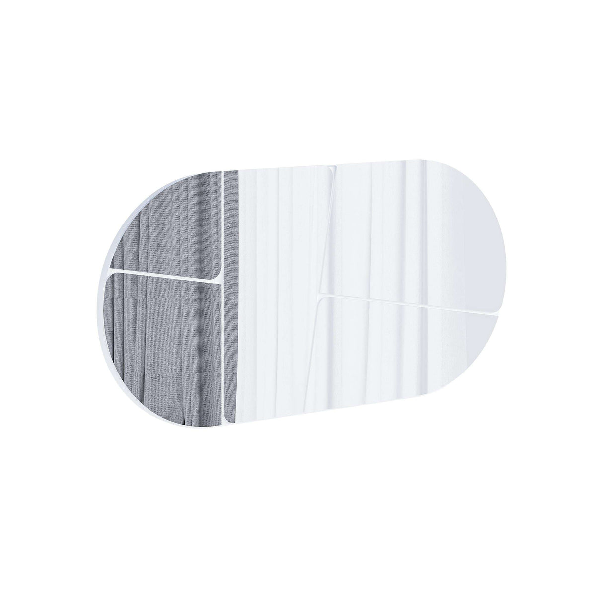 White oval wall mirror with rounded corners and reflective glass, close-up view.