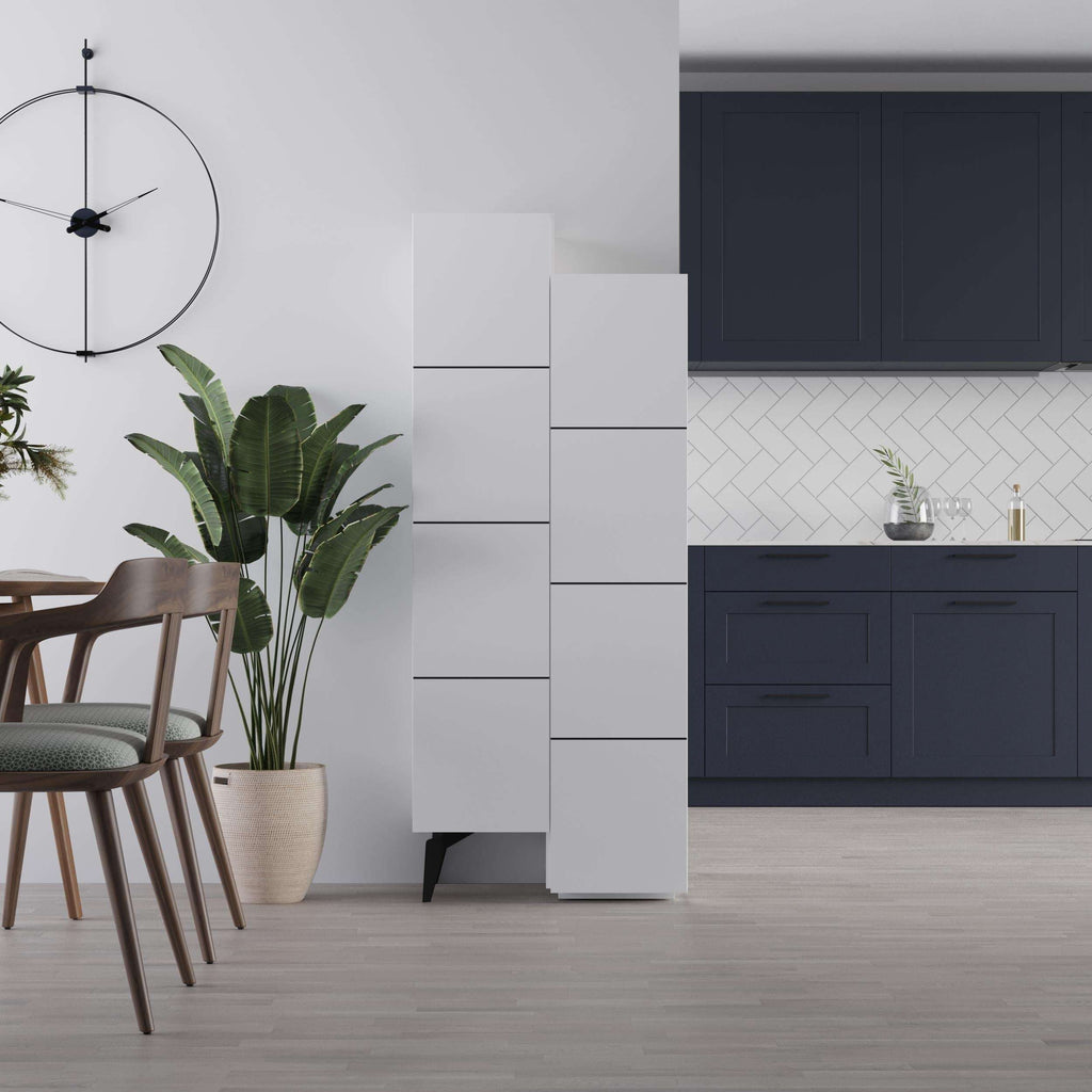 White narrow storage cabinet with open compartments and angled legs