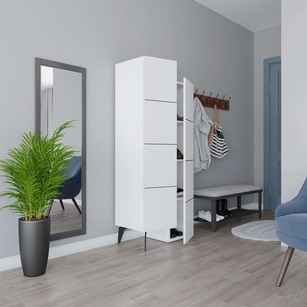 White cabinet near wall with open door and hanging coat storage nook