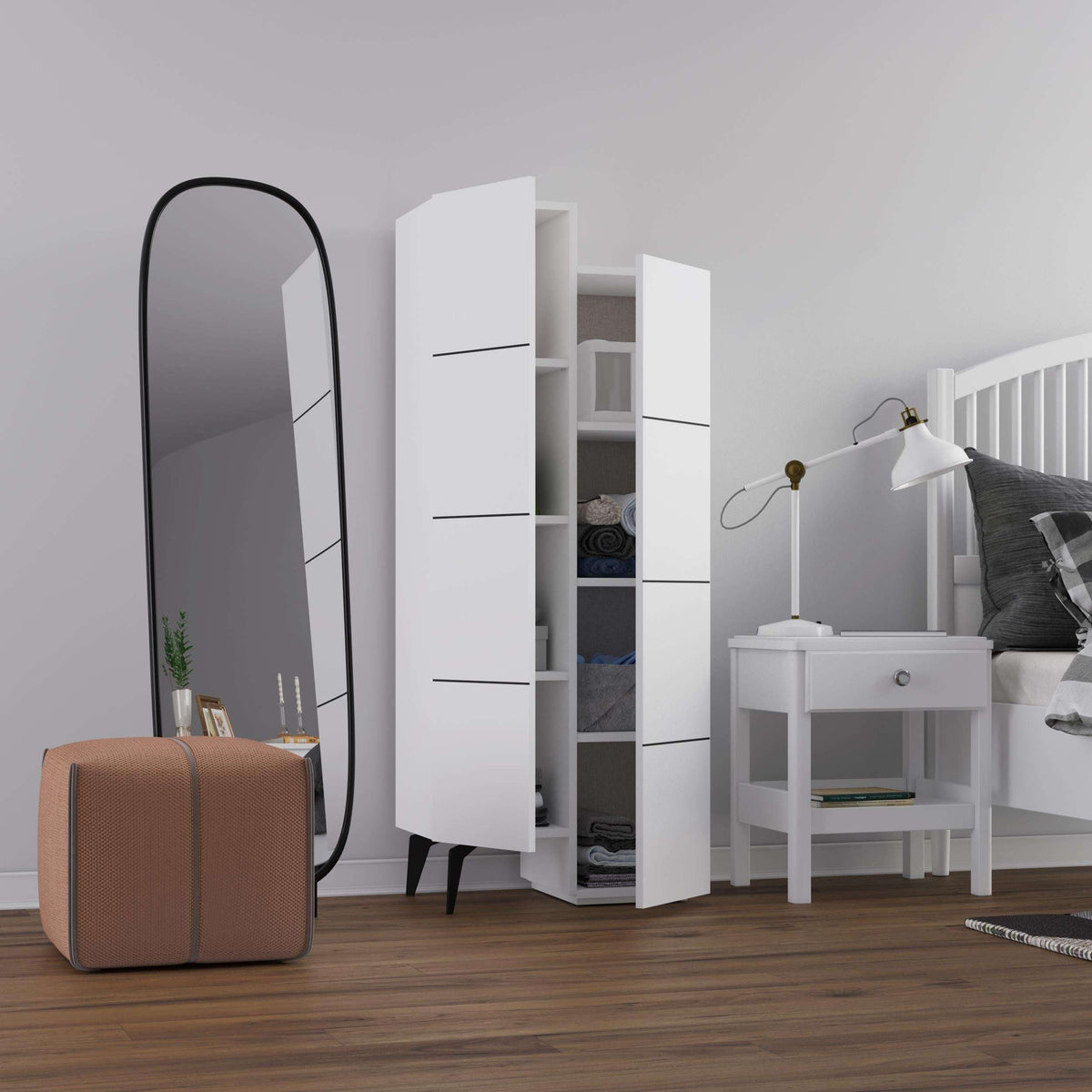 White cabinet with open shelves and vertical door panel, side view