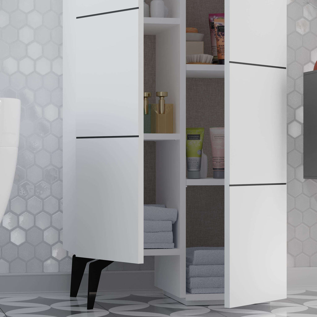 Cabinet interior close-up with shelves, bins, and folded items