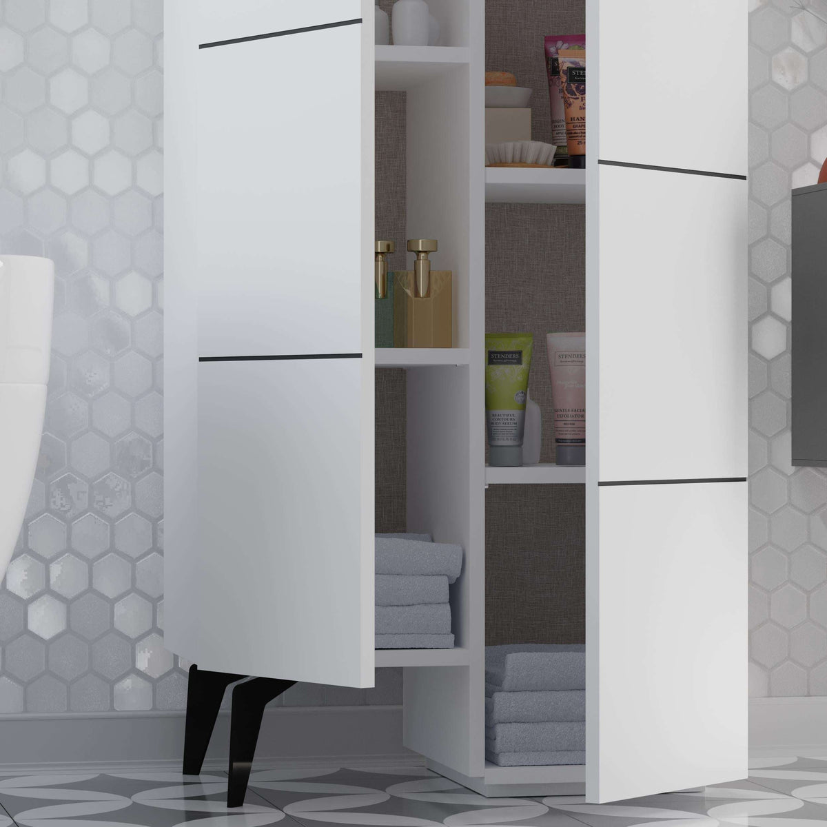 Cabinet interior close-up with shelves, bins, and folded items