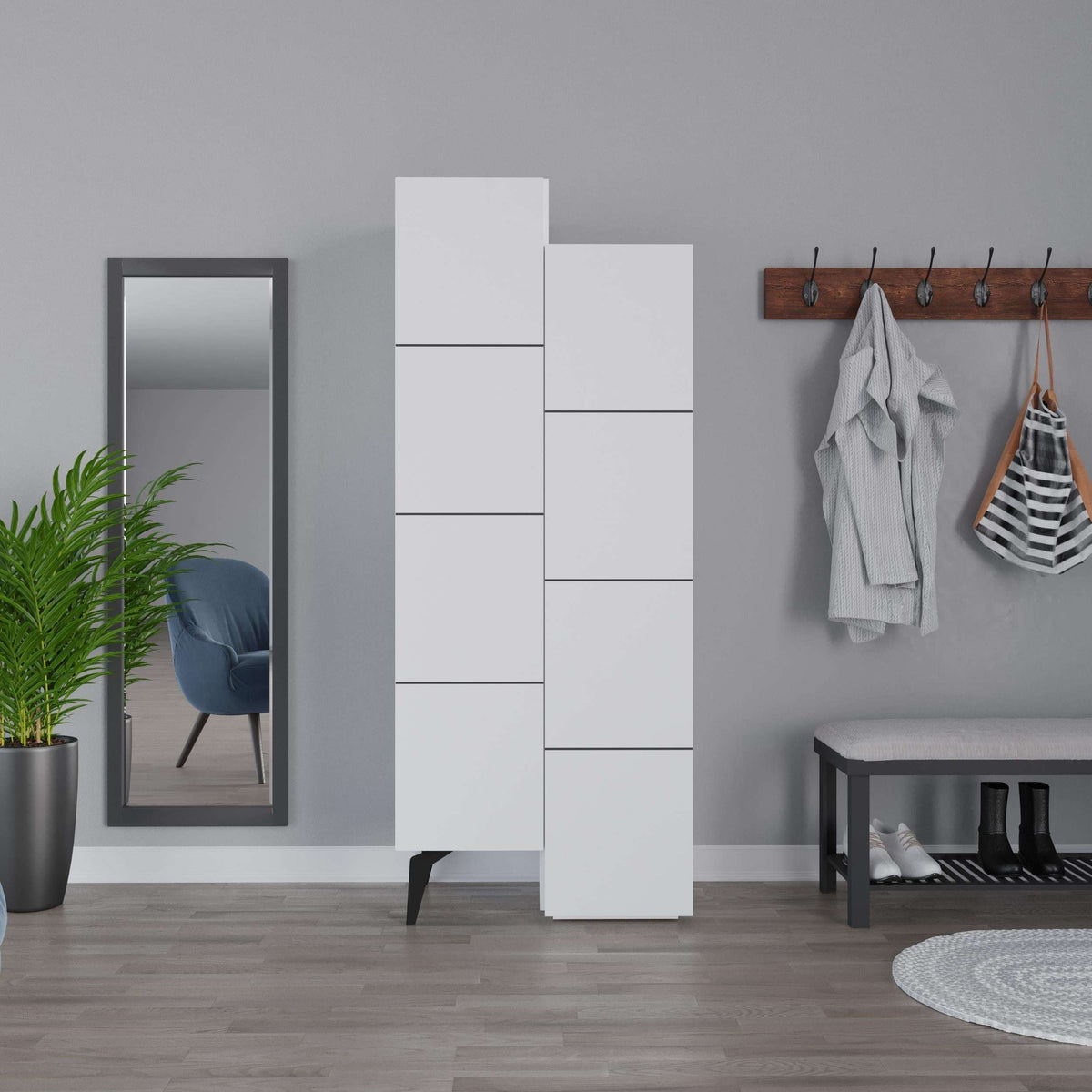 White tall cabinet with open shelving and stacked sections, angled feet