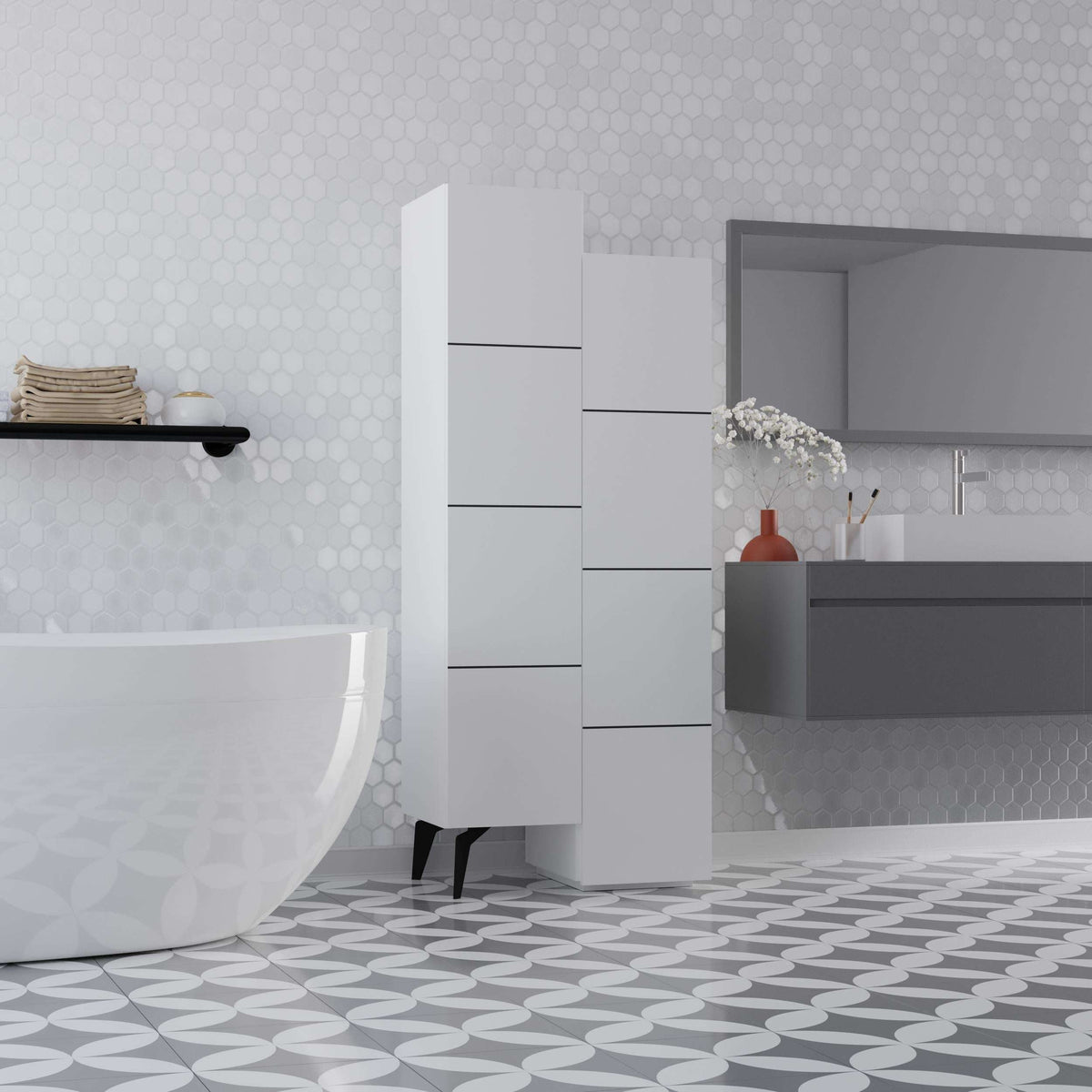 White tall cabinet with open shelves and multiple compartments on angled legs