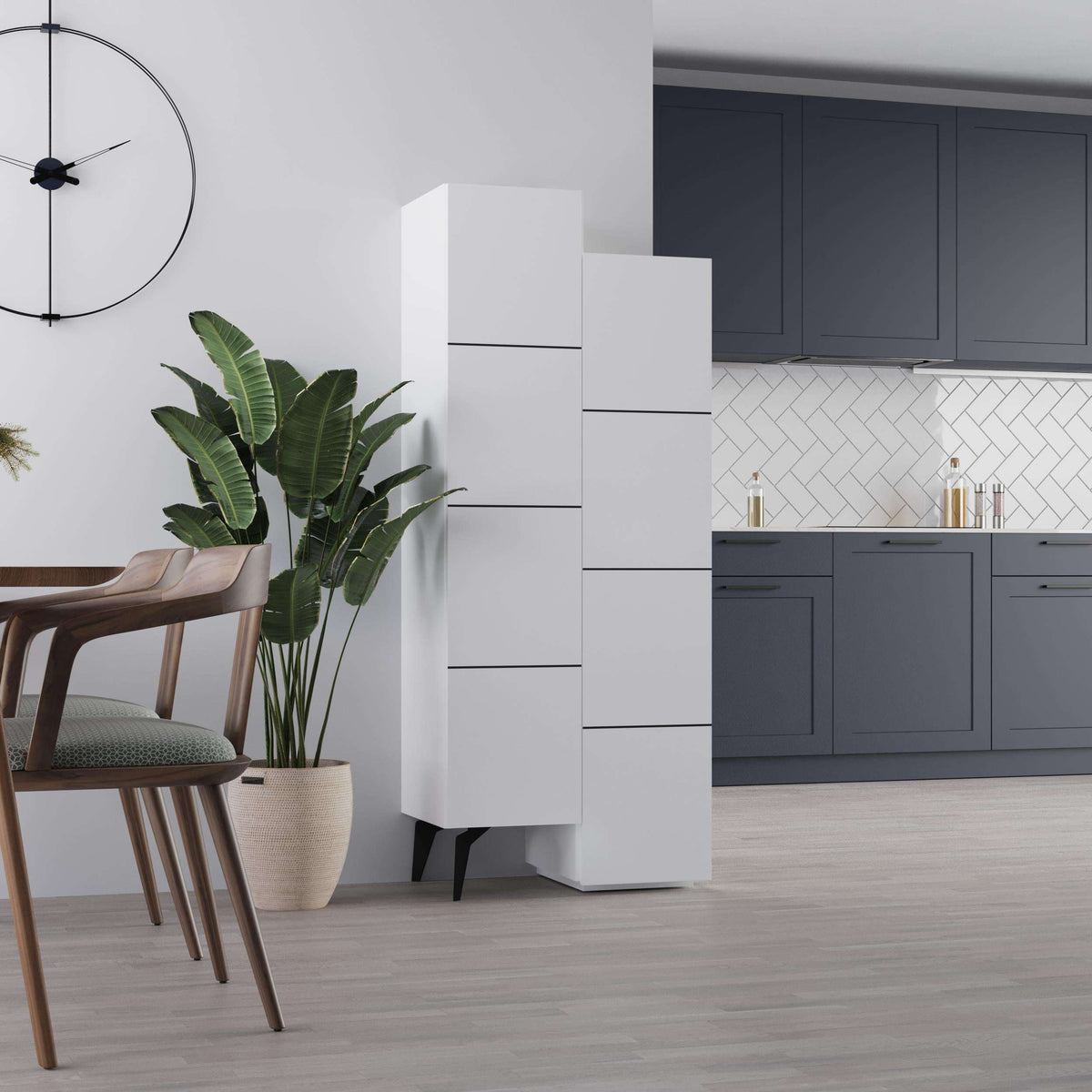 White multipurpose cabinet with open side and stacked shelves, angled view