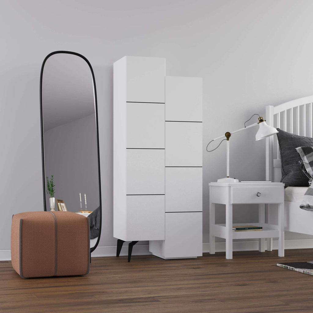 White storage cabinet with open door showing shelves and slim black legs
