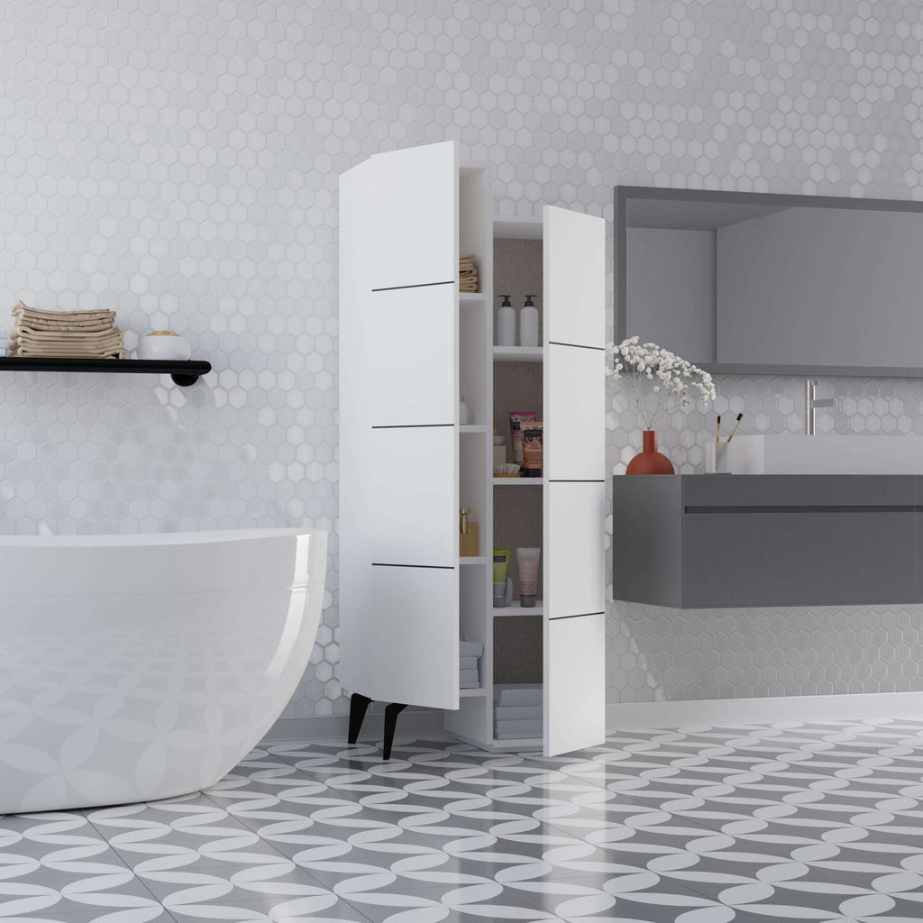 White multipurpose cabinet with open doors and visible interior shelves