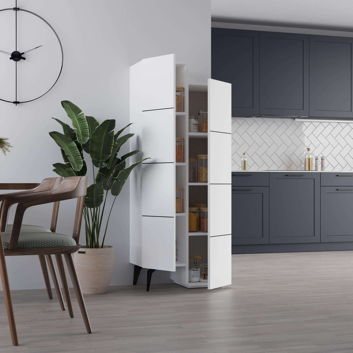 White cabinet with open side compartment and vertical shelf sections, hallway view