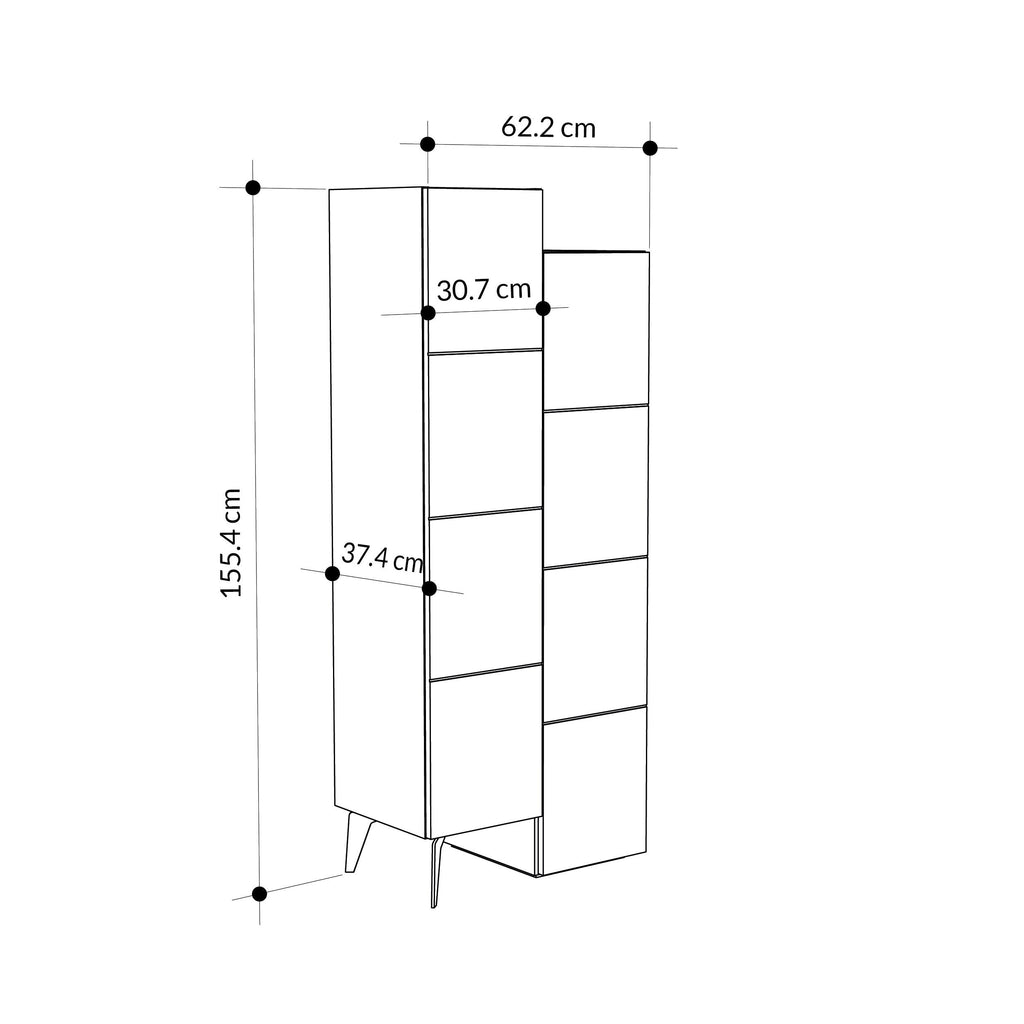 Tall white storage cabinet with multiple shelves and slim angled legs