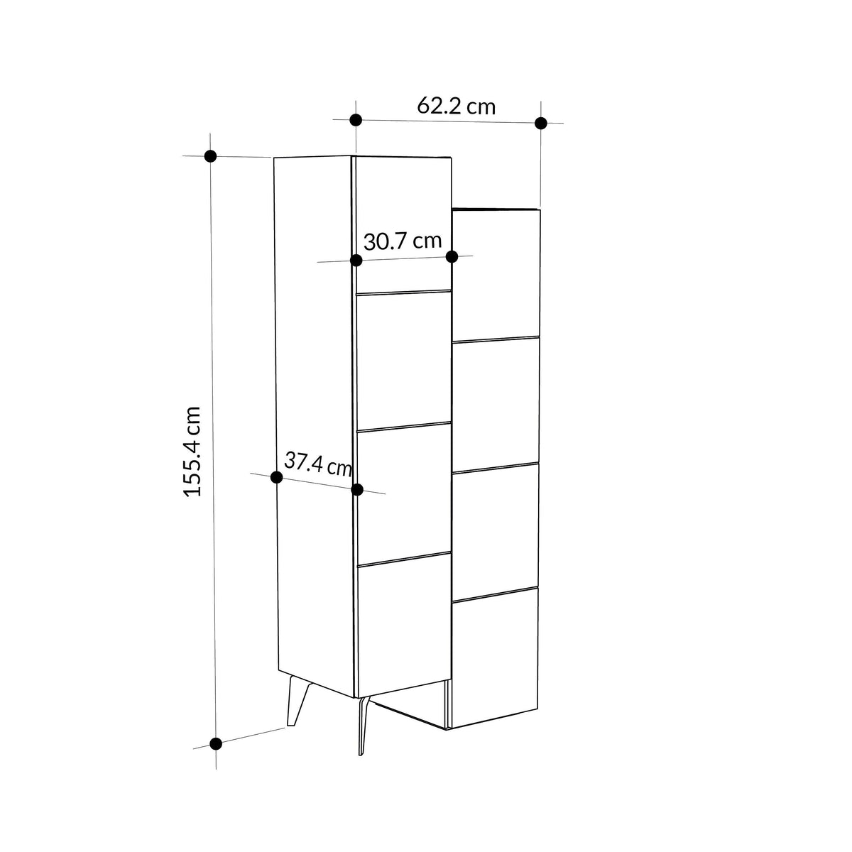 Tall white storage cabinet with multiple shelves and slim angled legs