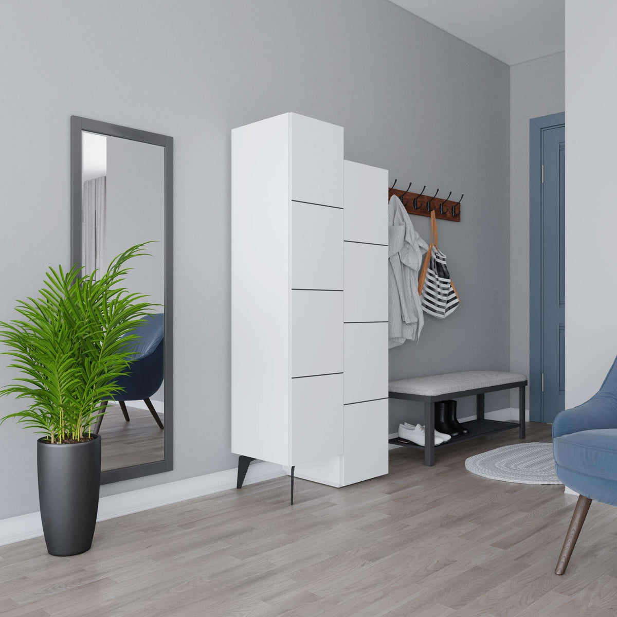 White multipurpose cabinet with open shelving, entry hallway corner view