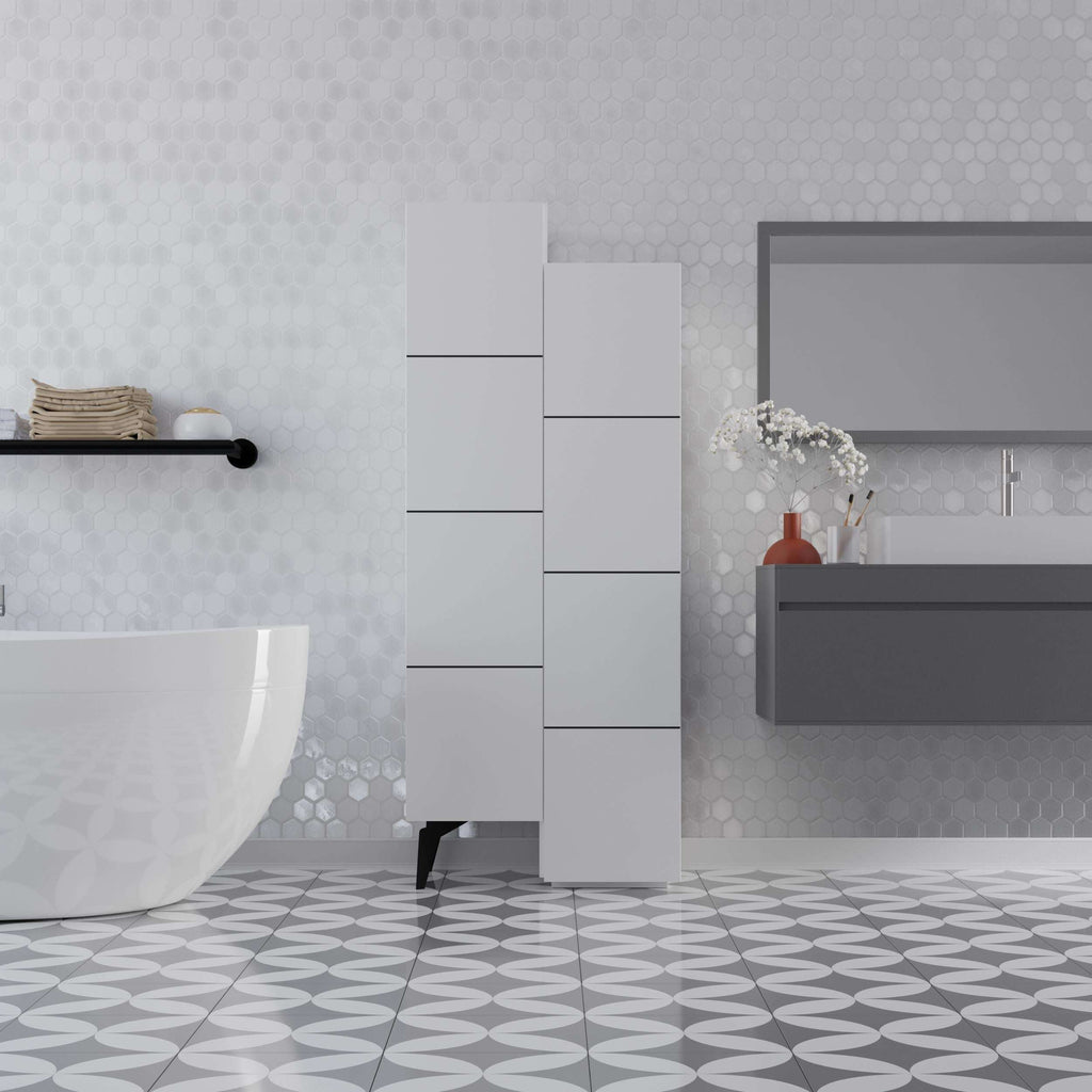 White multipurpose cabinet with tall panel doors and open shelf center section