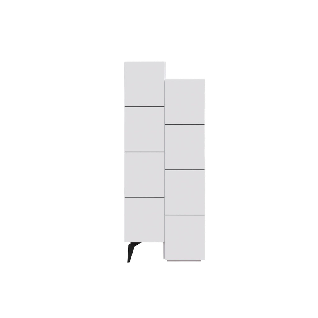 White cabinet with stacked door panels and black angled legs, product-only view