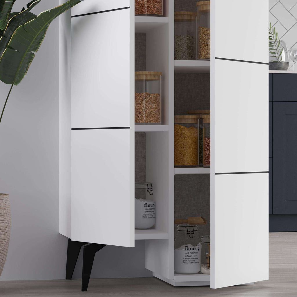 White tall cabinet with open shelving and multiple compartments