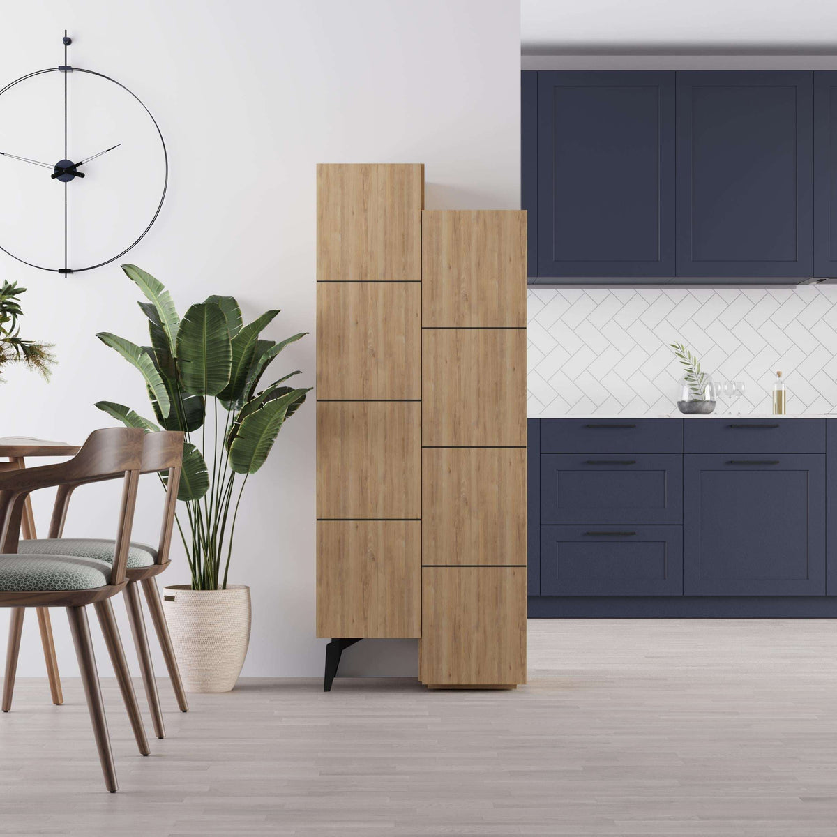 Tall oak cabinet with open shelves and multiple pull handles, shown from the front