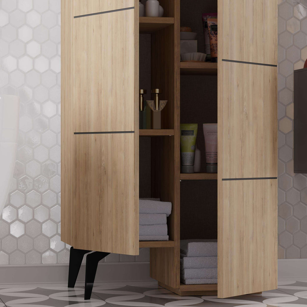 Open oak cabinet with shelves and compartments, shown from lower front angle