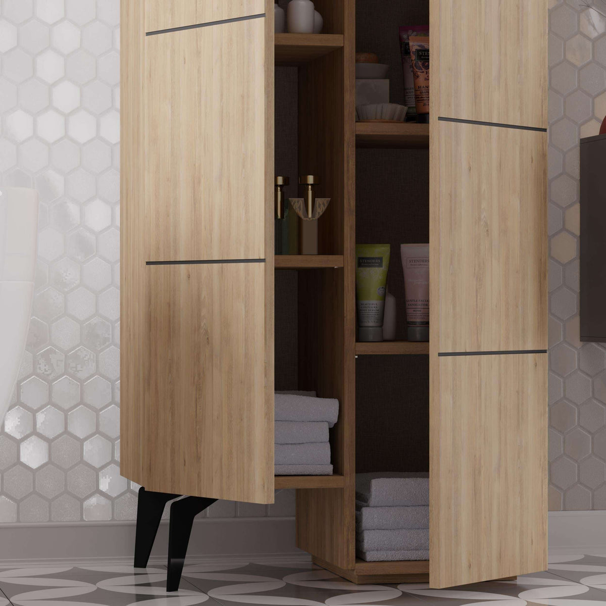 Open oak cabinet with shelves and compartments, shown from lower front angle