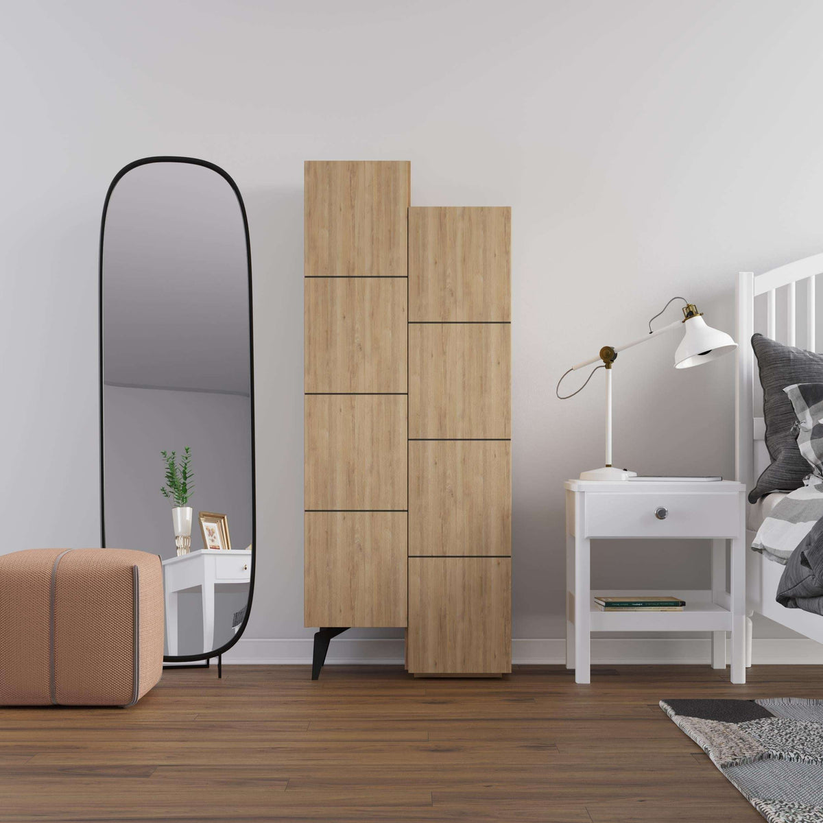 Oak-finish tall storage cabinet with open middle shelves and slim pull-bar handles
