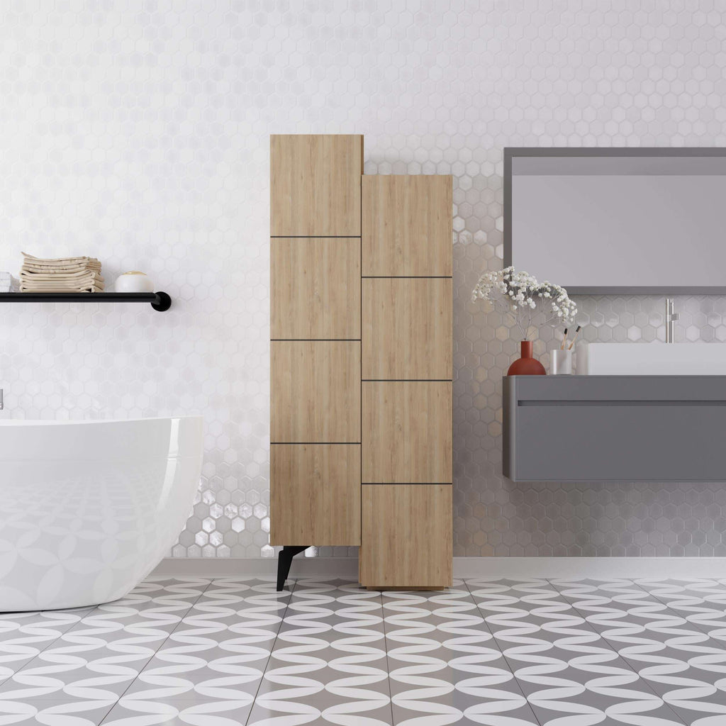 Oak cabinet with open shelving and hinged doors, raised feet and pull-bar handles