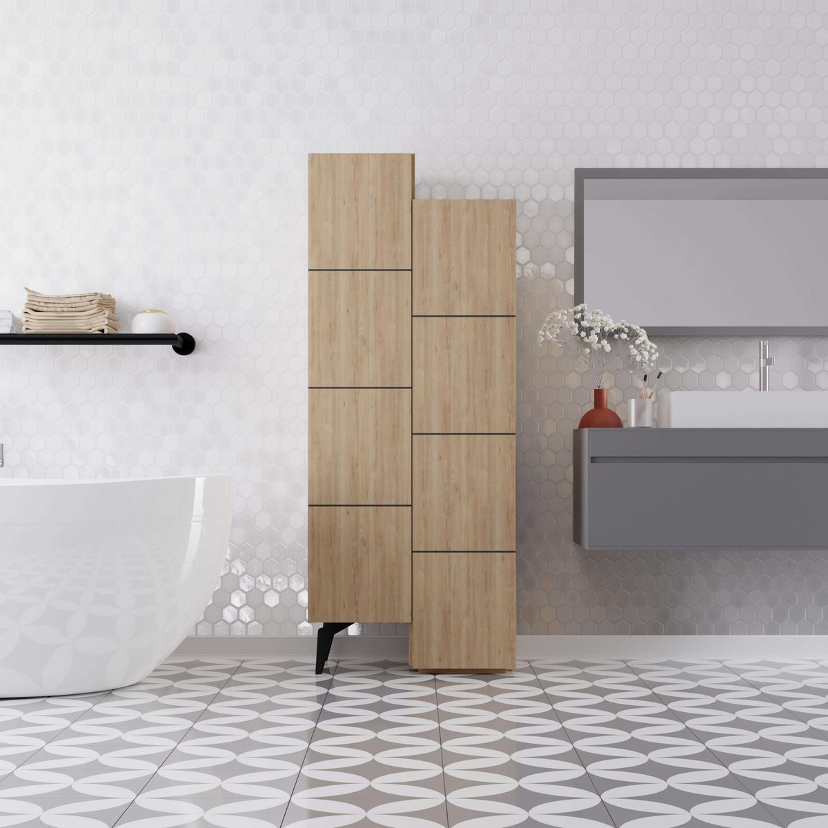 Oak cabinet with open shelving and hinged doors, raised feet and pull-bar handles