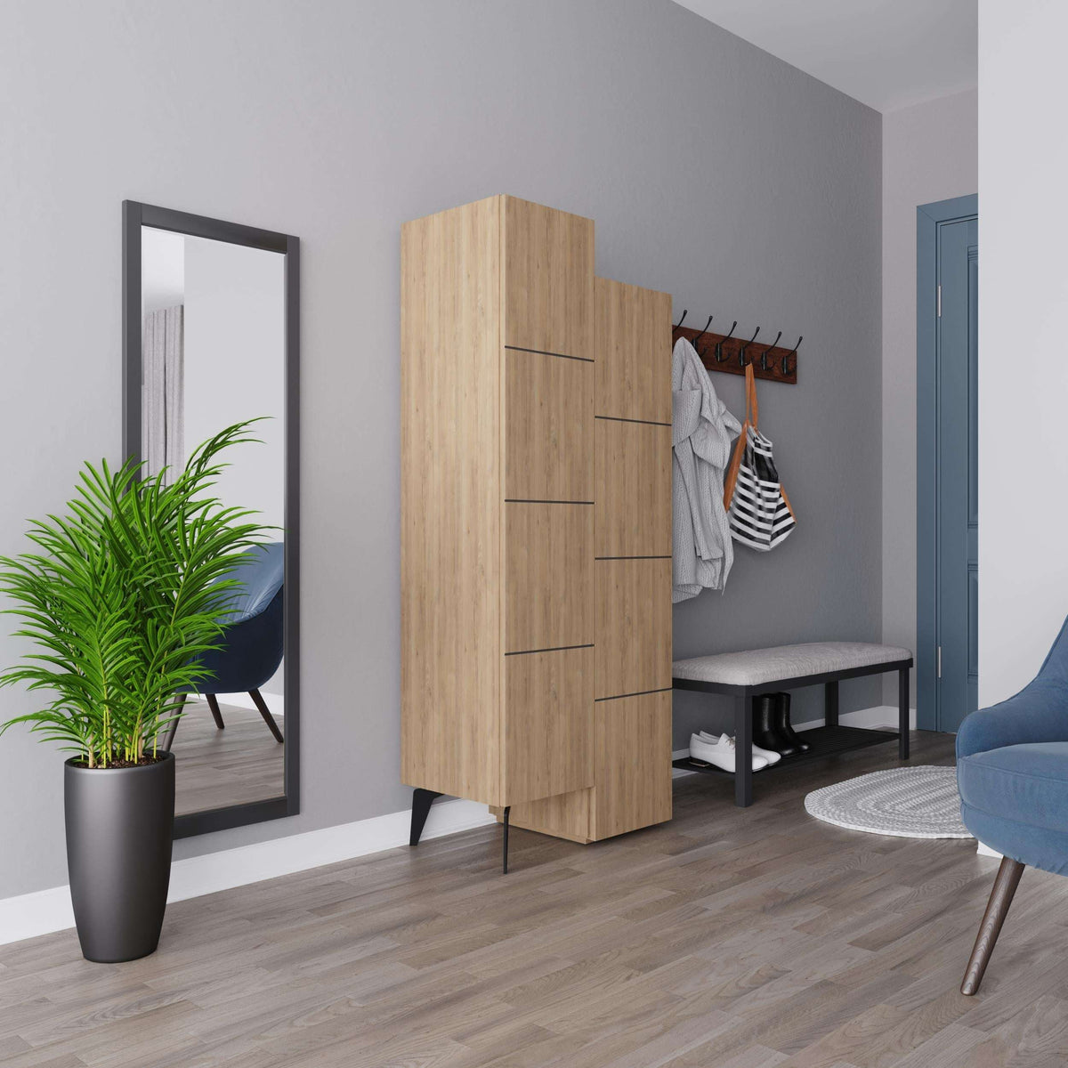 Tall oak storage cabinet with open middle shelves and pull-bar handles, front view