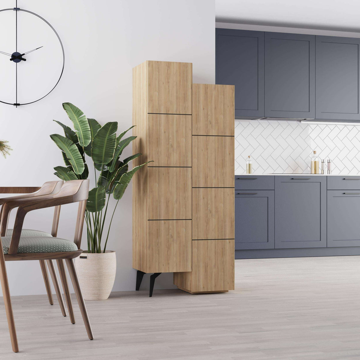 Oak-finish tall cabinet with open shelving and hinged doors with slim pull handles