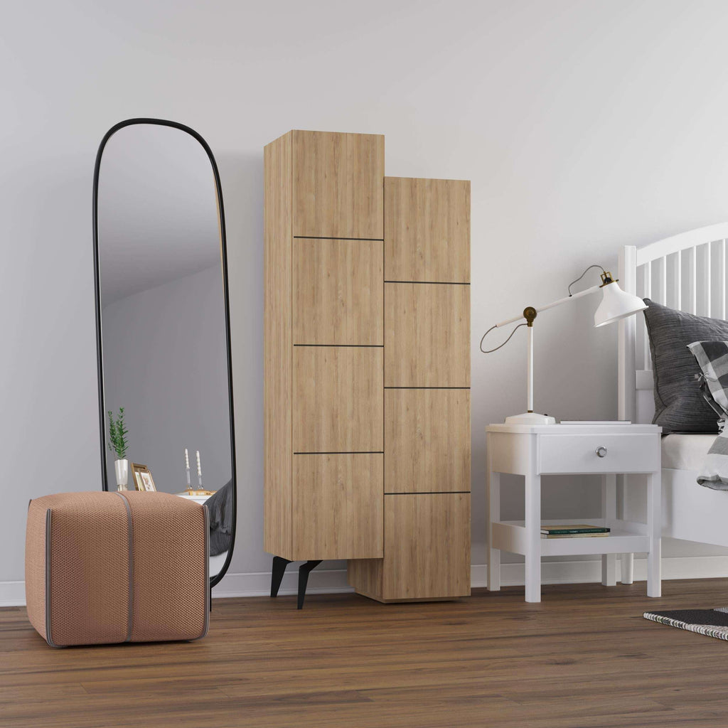 Tall oak storage cabinet with open middle shelves and pull-bar handles, angled view