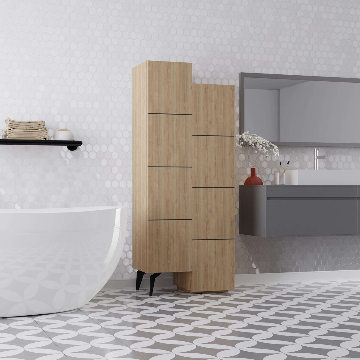 Oak-finish cabinet with open center shelving and hinged doors, pull-bar handles