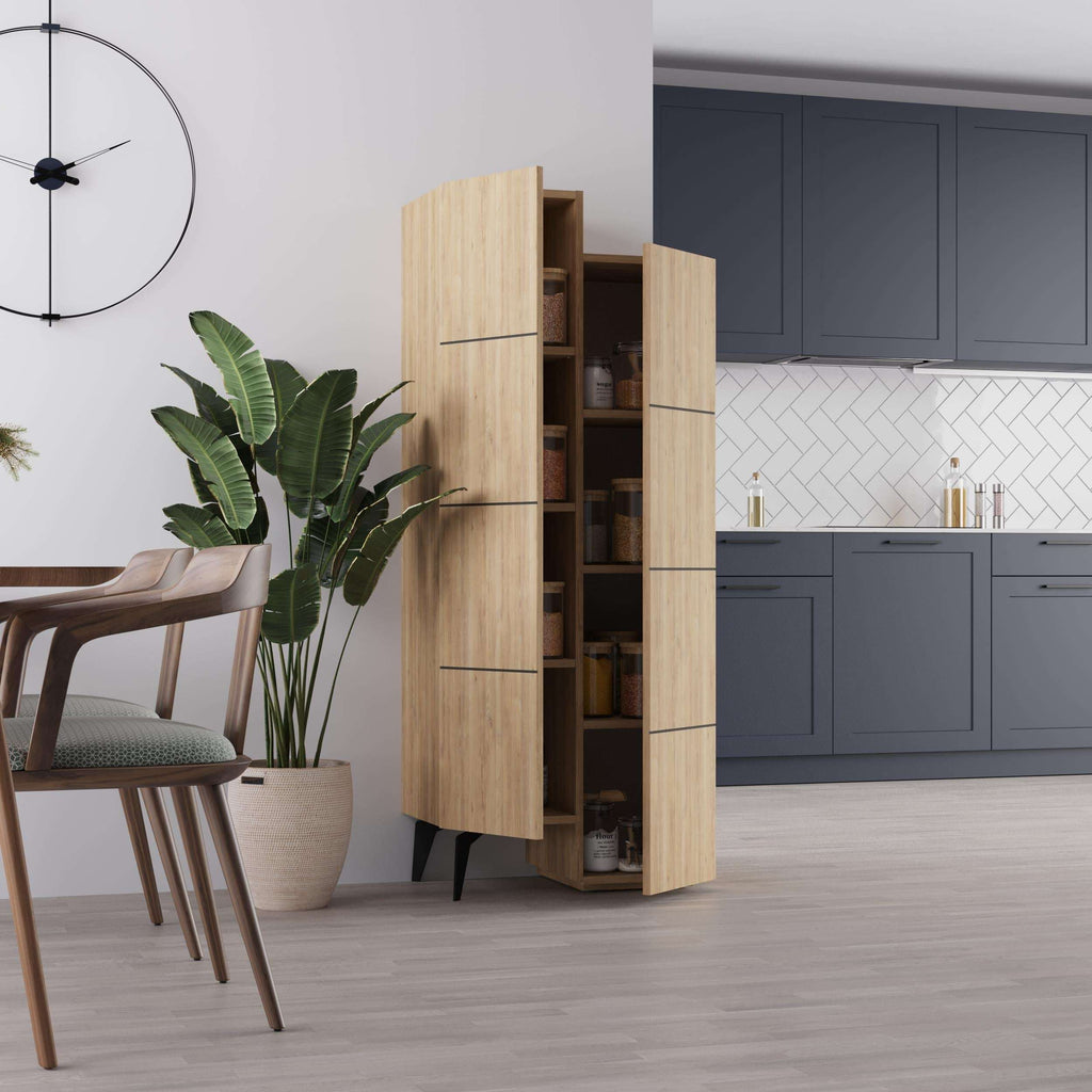 Oak storage cabinet with open back compartment and side doors, modern slim frame