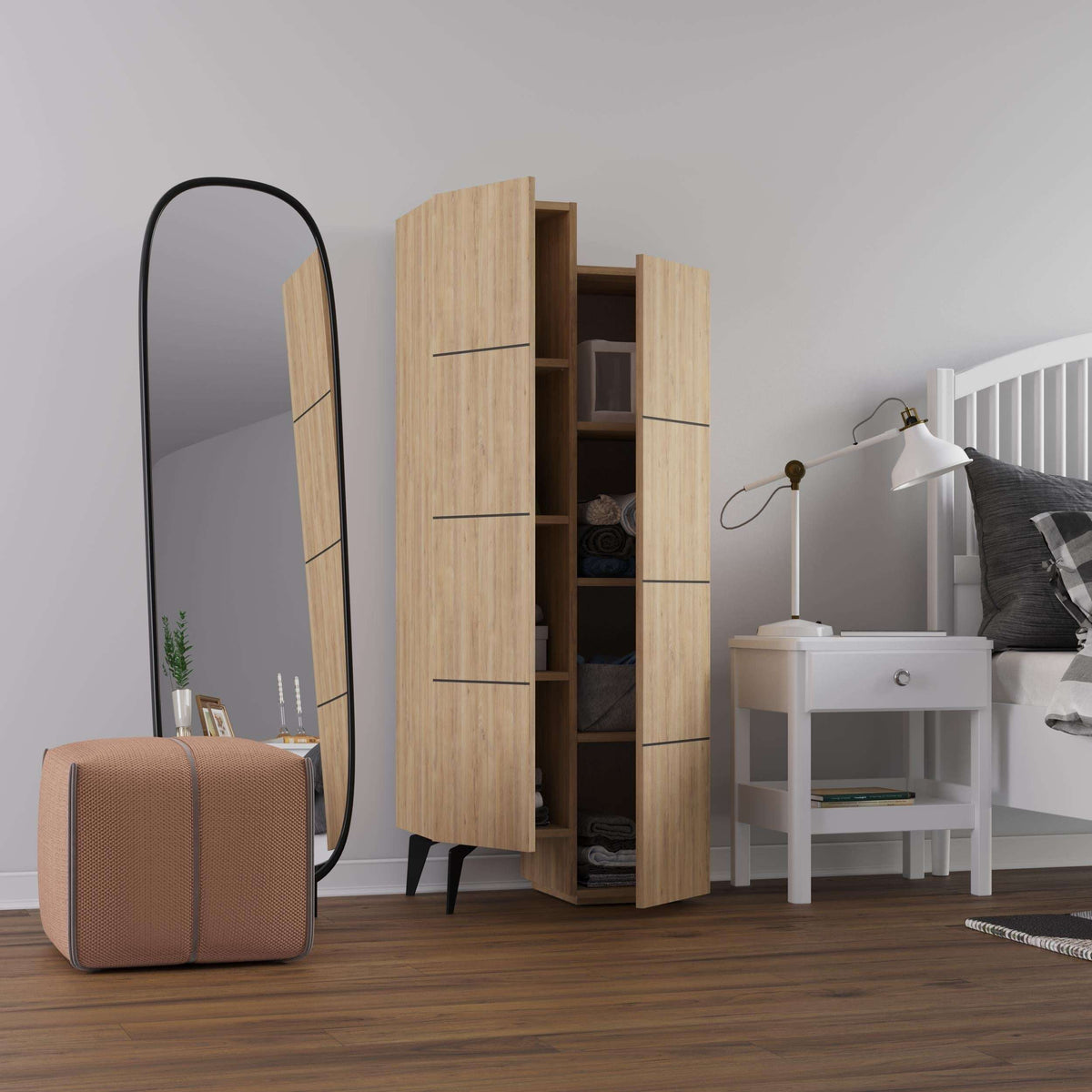 Tall oak storage cabinet with open shelving compartments and pull-bar door handles