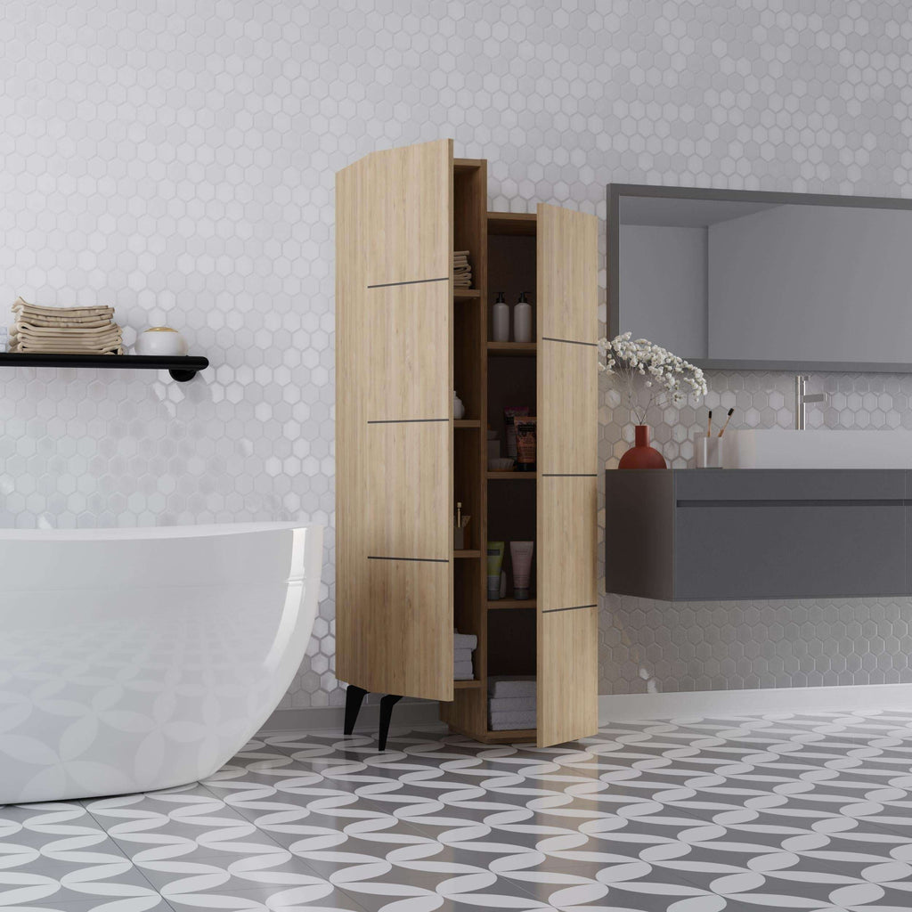 Oak-finish cabinet with open center shelving and hinged doors with slim pull handles