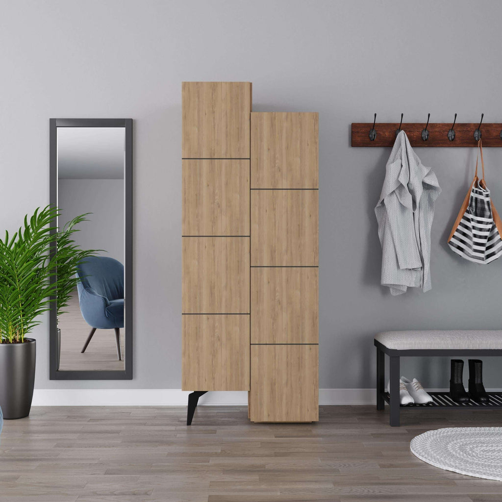 Oak multipurpose storage cabinet with open front compartments and four stacked sections.