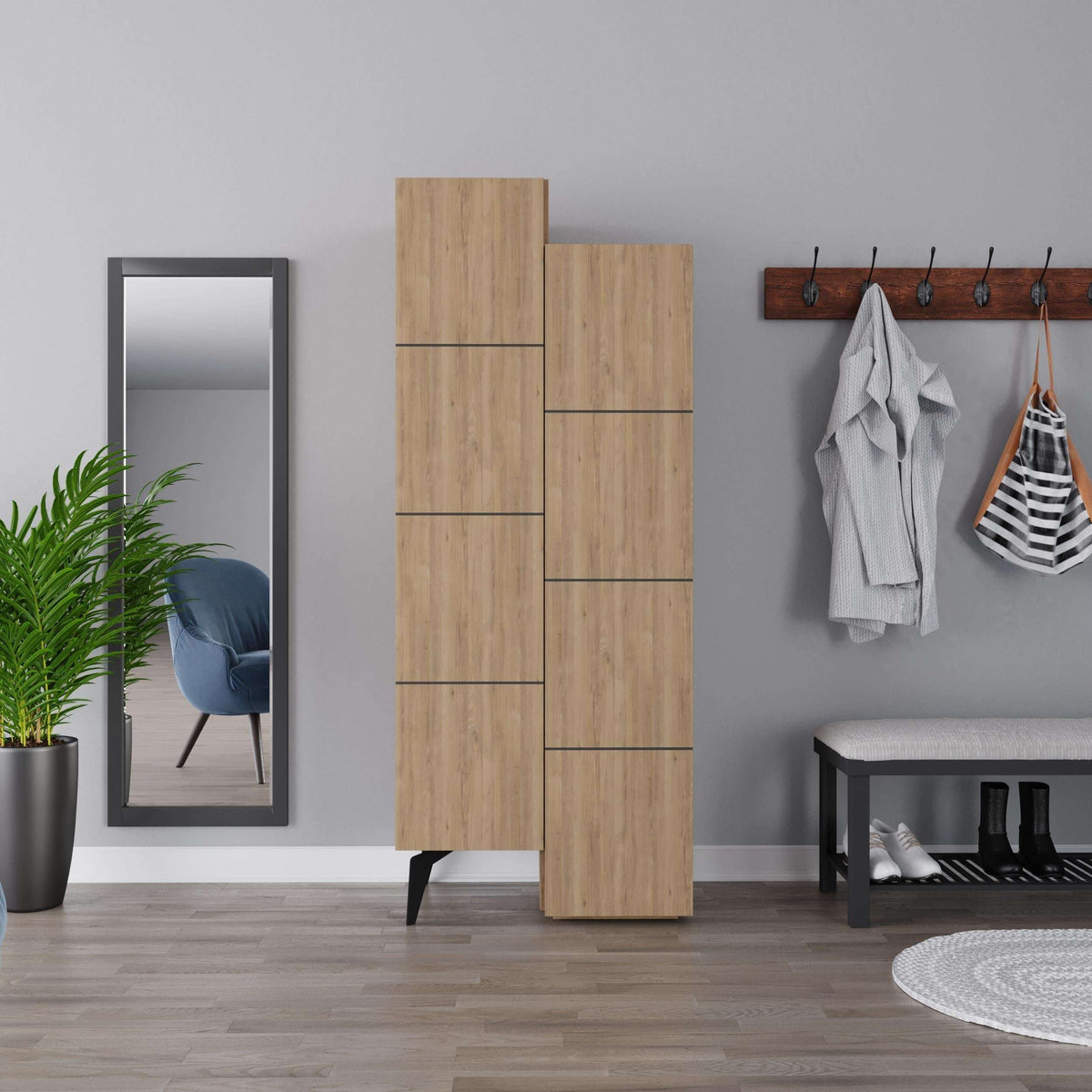 Oak multipurpose storage cabinet with open front compartments and four stacked sections.