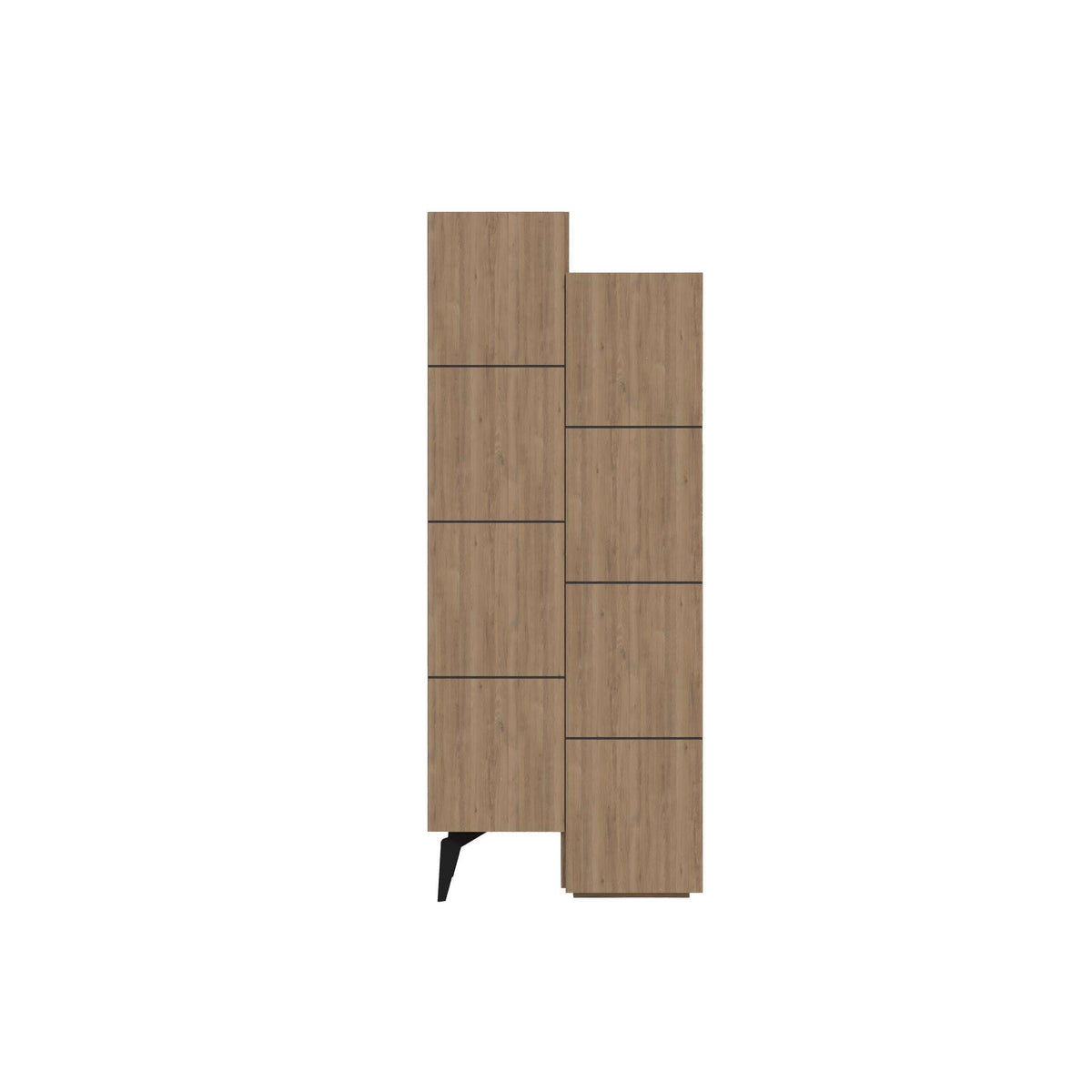 Oak multipurpose storage cabinet, tall narrow design with four shelves and slim base feet.