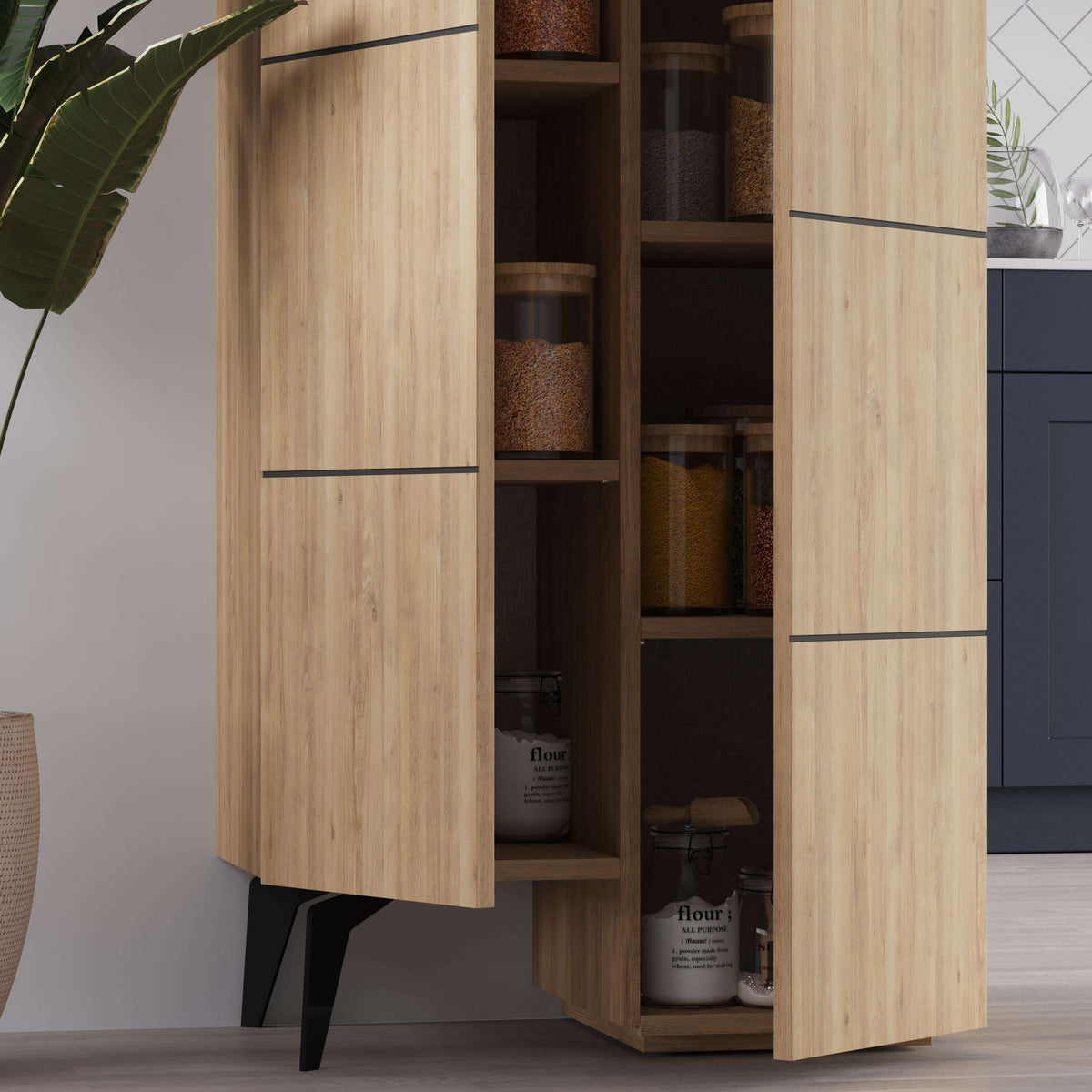 Oak multipurpose storage cabinet with open shelves and visible interior compartments.