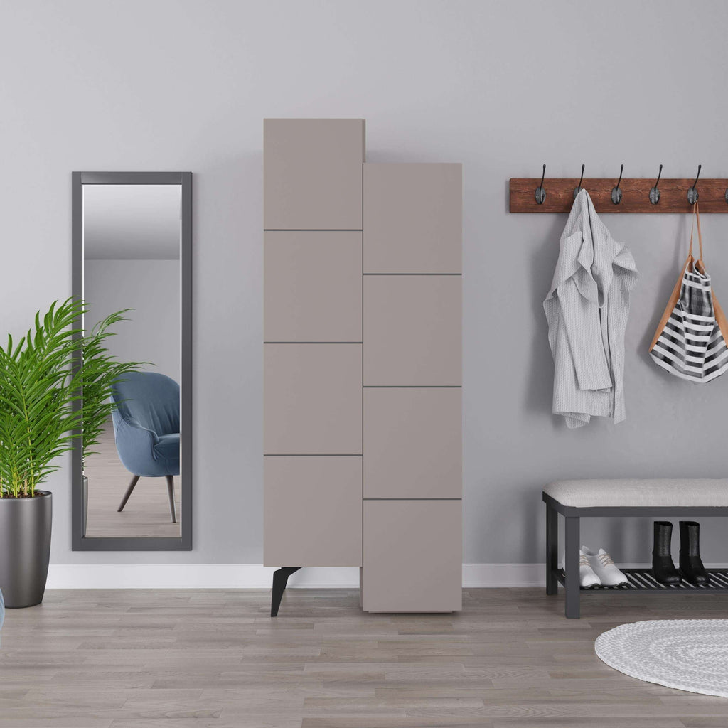 Light mocha tall storage cabinet with three horizontal compartments and tapered legs