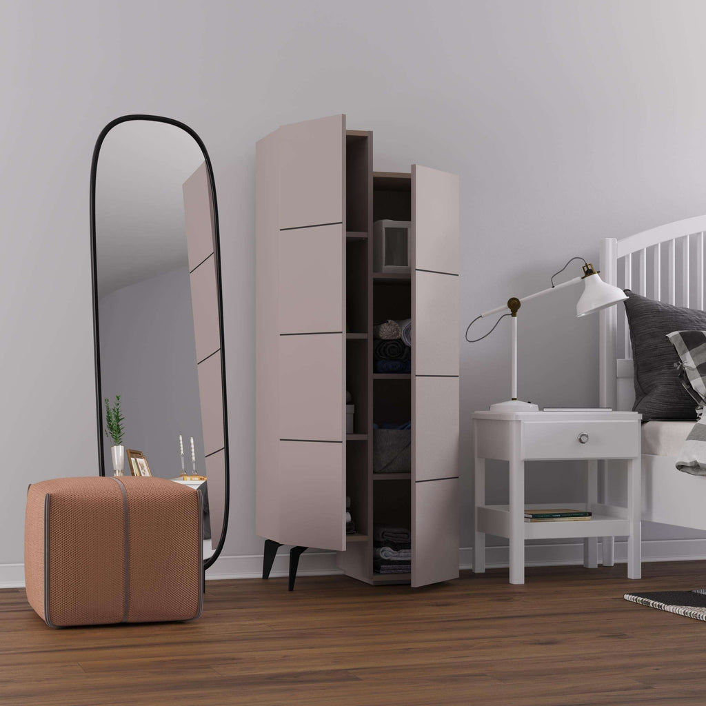 Light beige multipurpose cabinet with open door showing vertical shelves inside