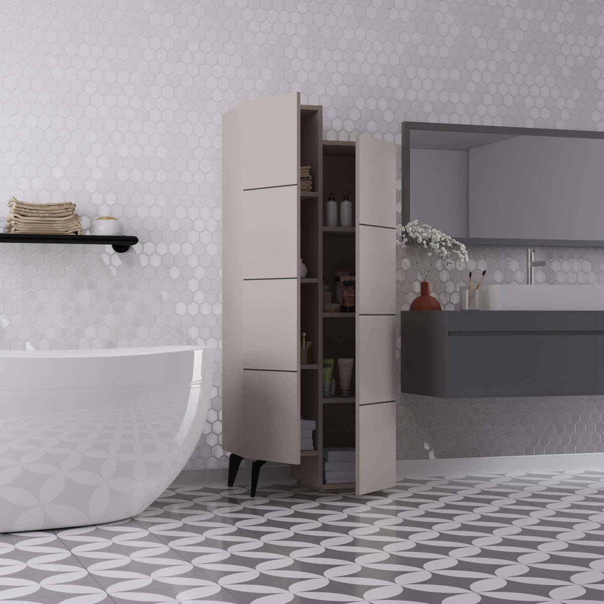 Light beige storage cabinet with open compartments, showing shelf levels and items