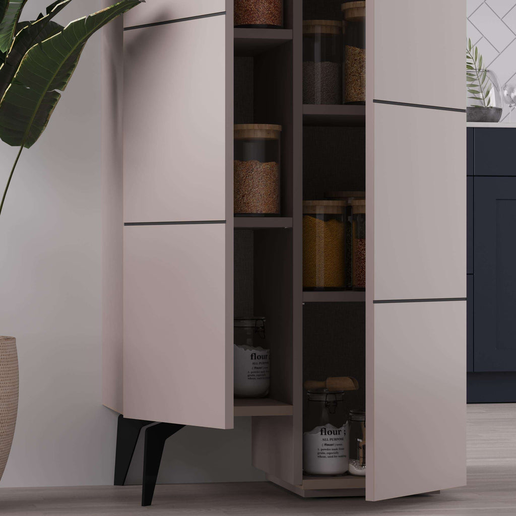 Close-up of light beige cabinet interior with open shelves and stacked storage containers