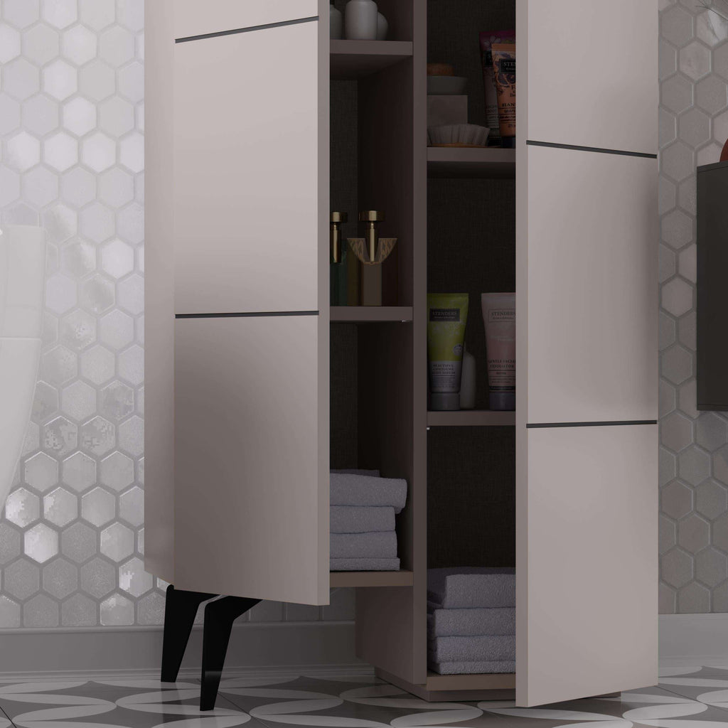 White storage cabinet with open shelves and two doors, modern vertical design