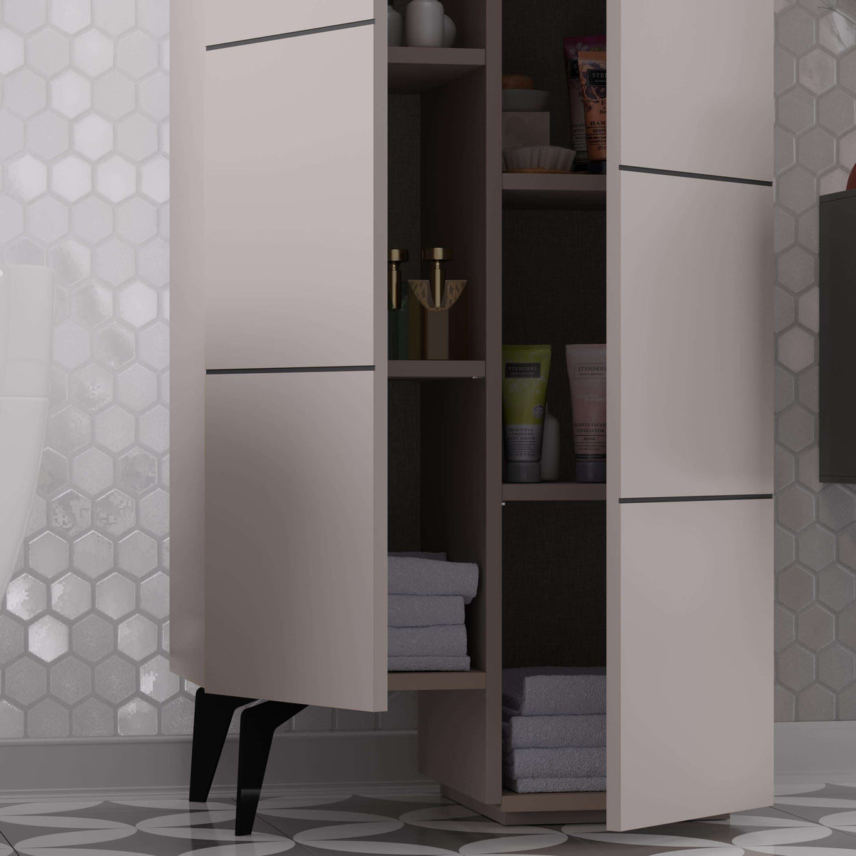 White storage cabinet with open shelves and two doors, modern vertical design