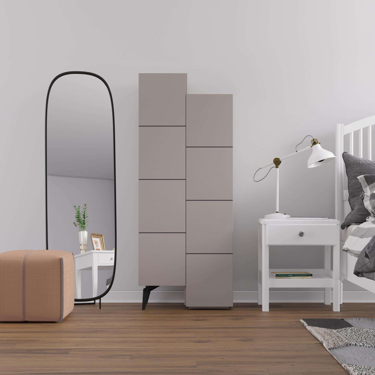 Light mocha cabinet with stacked compartments and tapered black legs