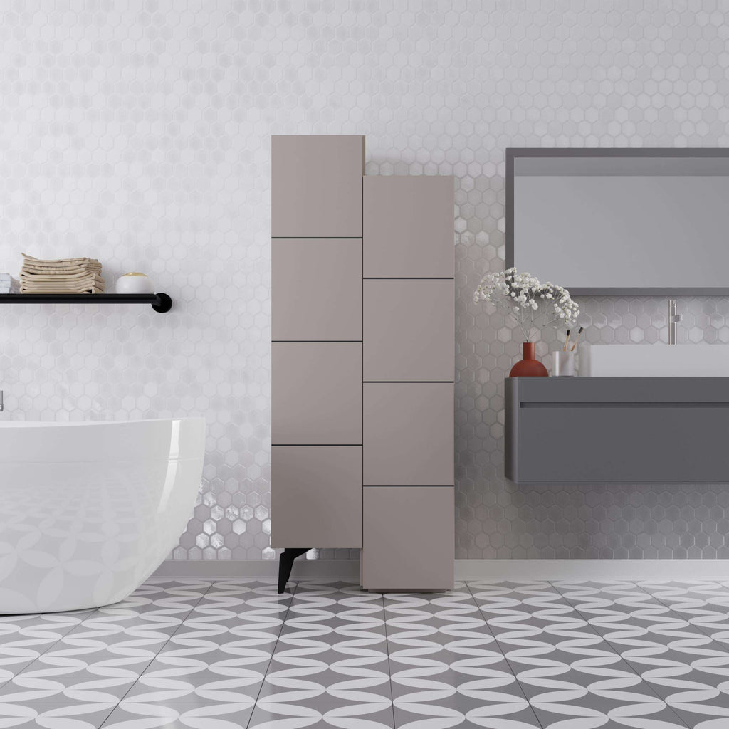 Light beige multipurpose hallway storage cabinet with stacked cabinet doors and open shelving