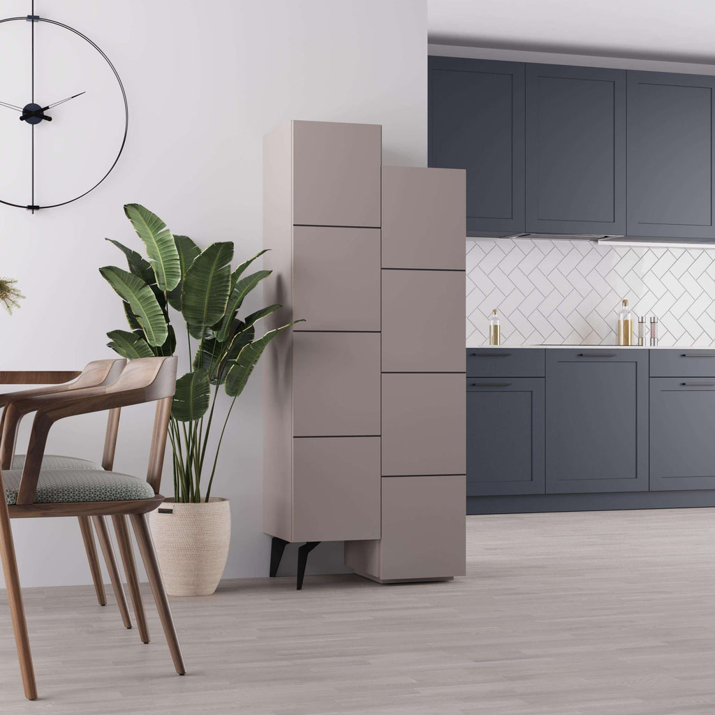 Light beige storage cabinet with tall doors and multiple shelves, shown in open side view