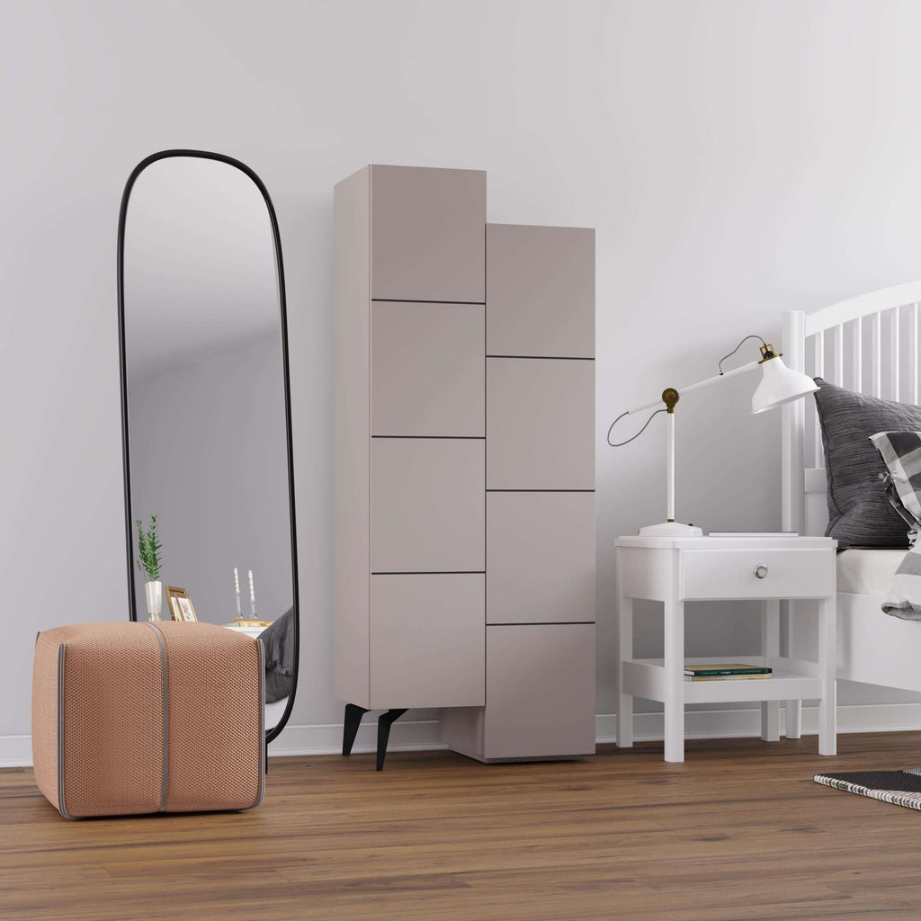 Light beige multipurpose storage cabinet with narrow doors and interior shelving detail