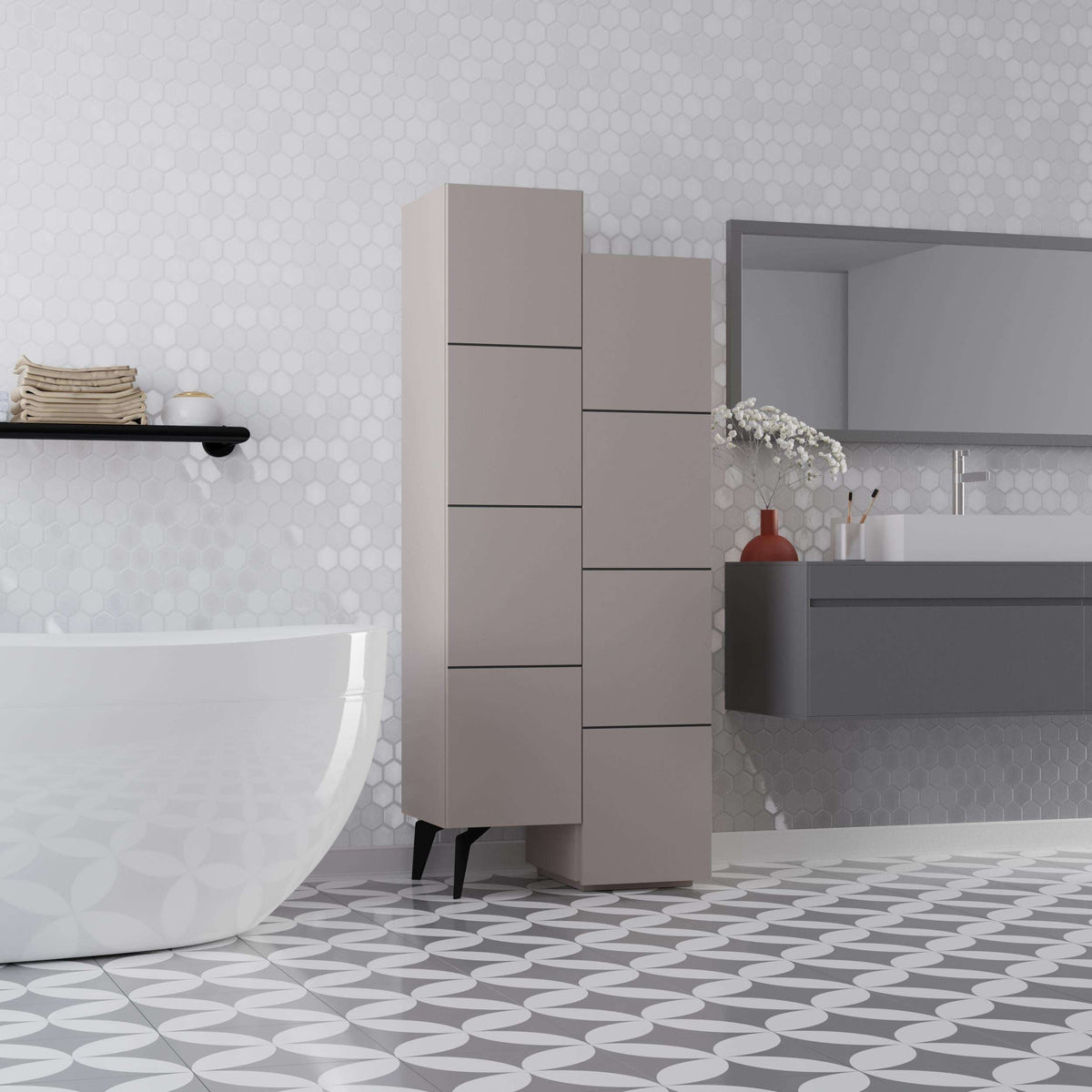 Light beige cabinet for hallway storage with tiered doors and visible shelf sections