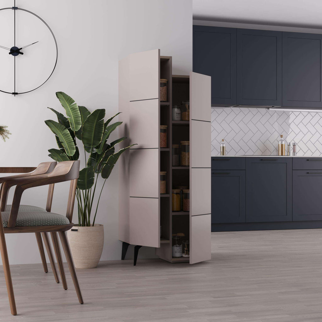 Light beige cabinet with one side open, revealing shelves and storage compartments