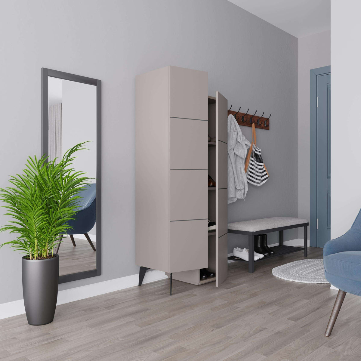 Light mocha tall cabinet with open shelving on the side and tapered black legs
