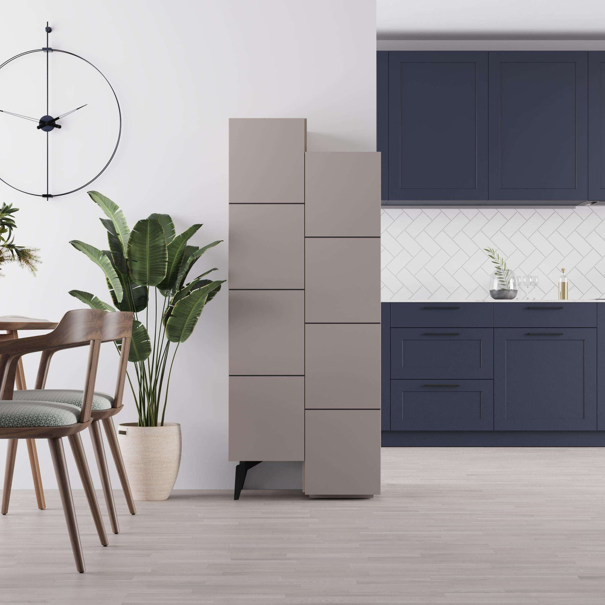 Light mocha tall storage cabinet with stacked compartments and tapered black legs