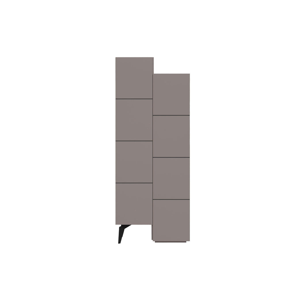 Light mocha cabinet side view with stacked compartments and tapered black legs